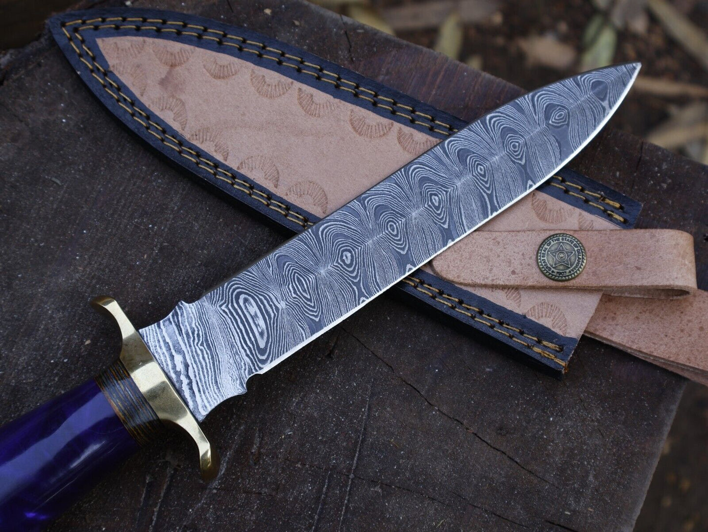 12 Inch Damascus Steel Dagger Knife Resin Hardwood Handle Leather Sheath