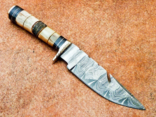 Heritage Forge 10" Damascus Steel Gut Hook Hunting Knife | Burnt Camel Bone Handle