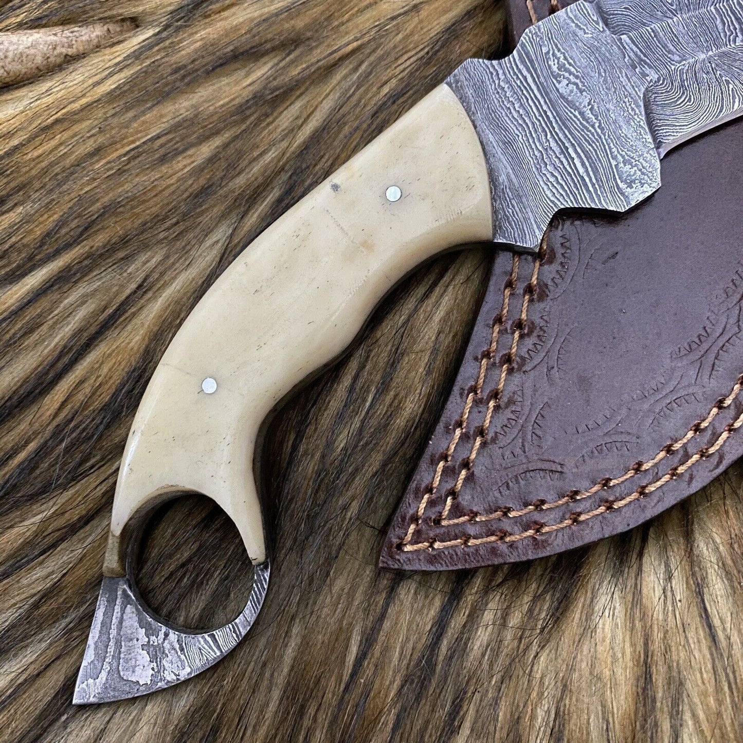 9" Custom Hand Forged Damascus Steel Hunting Karambit Knife | Camel Bone Handle & Leather Sheath