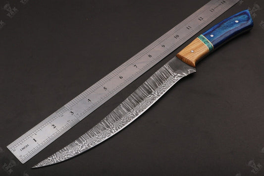 13" Custom Hand Forged Damascus Fillet Knife Handmade Fillet Knives With Leather Sheath