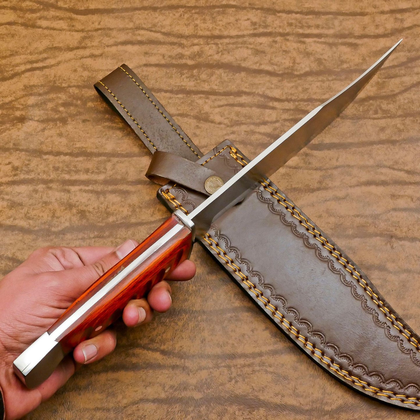 Handmade D2 Huge Bowie Hunting Knife | 12-Inch Blade with Pakka Wood Handle & Leather Sheath