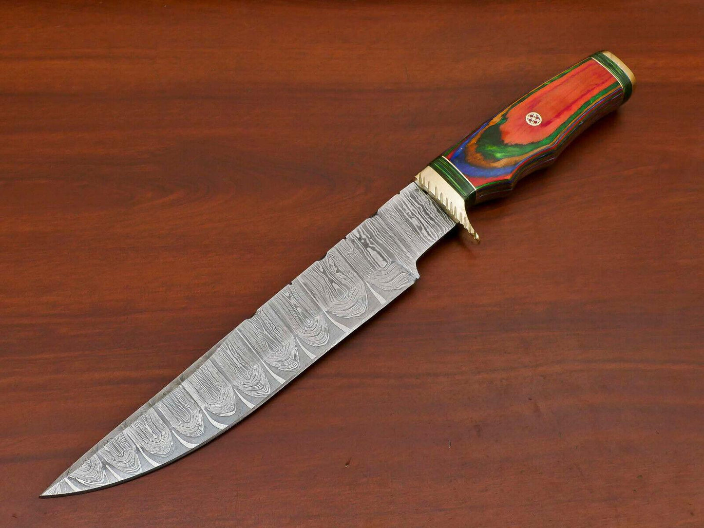 Hand Forged 14" Damascus Bowie Hunting Knife – Hard Wood Handle