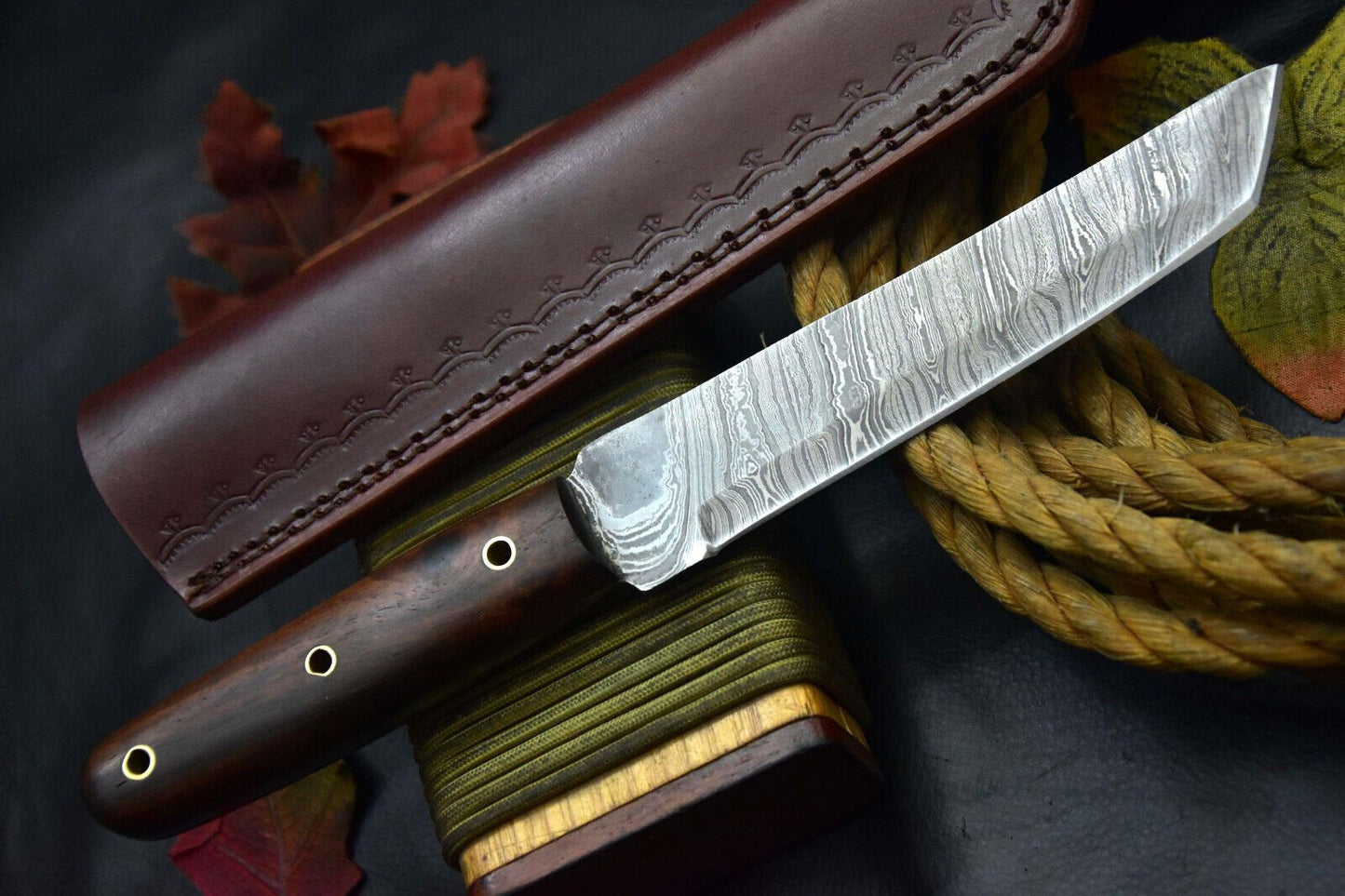 Heritage Forge Damascus Steel Tanto Hunting Knife with Walnut Handle – Full Tang Handmade Blade with Sheath