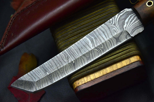 Heritage Forge Damascus Steel Tanto Hunting Knife with Walnut Handle – Full Tang Handmade Blade with Sheath