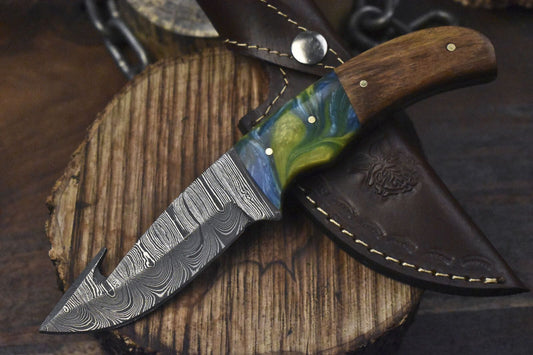 Forged Twist Damascus Skinner Knife with Gut Hook and Walnut Wood Handle – Handmade Hunting & Hiking Knife