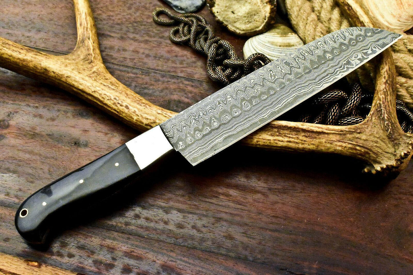 Handmade Damascus Steel Chef Knife | 12.5" Full Tang with Bull Horn & Hard Wood Handle