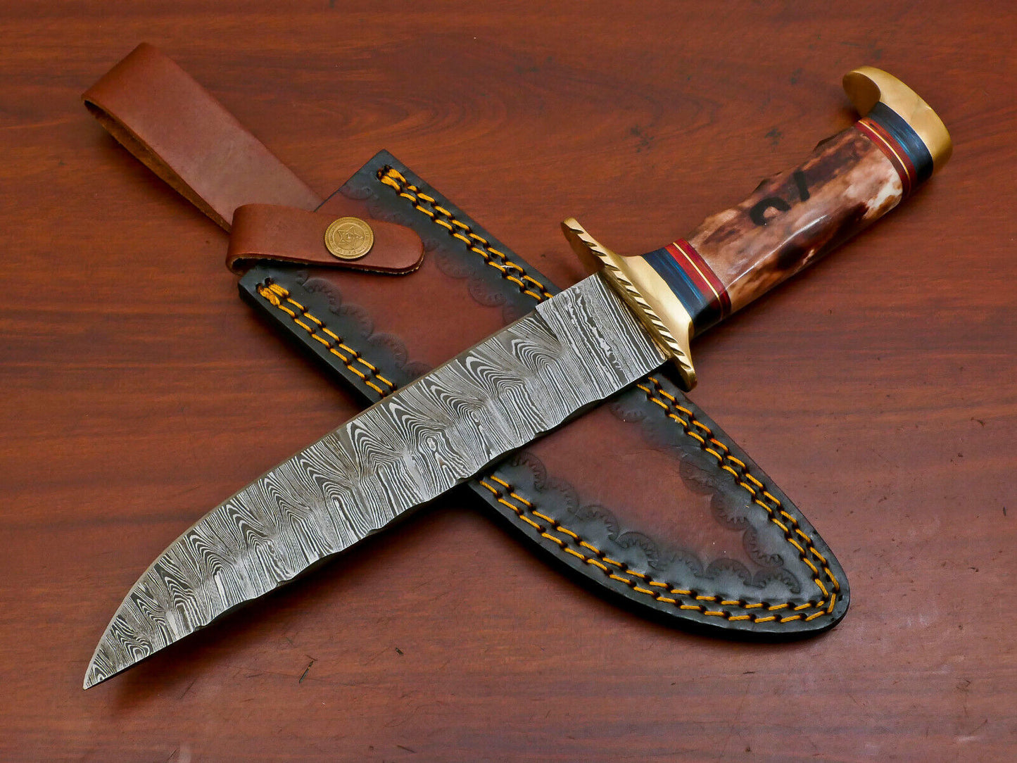 Heritage Forge 12 Inch D2 Steel Bowie Hunting Knife with Camel Bone and Pakka Wood Handle