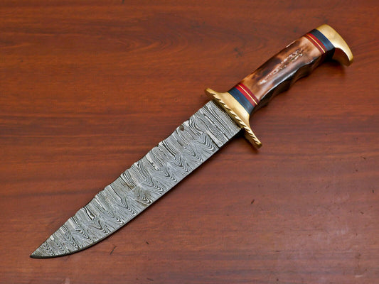 Heritage Forge 12 Inch D2 Steel Bowie Hunting Knife with Camel Bone and Pakka Wood Handle