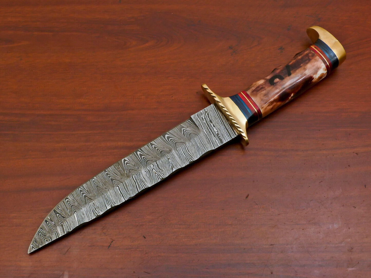 Heritage Forge 12 Inch D2 Steel Bowie Hunting Knife with Camel Bone and Pakka Wood Handle