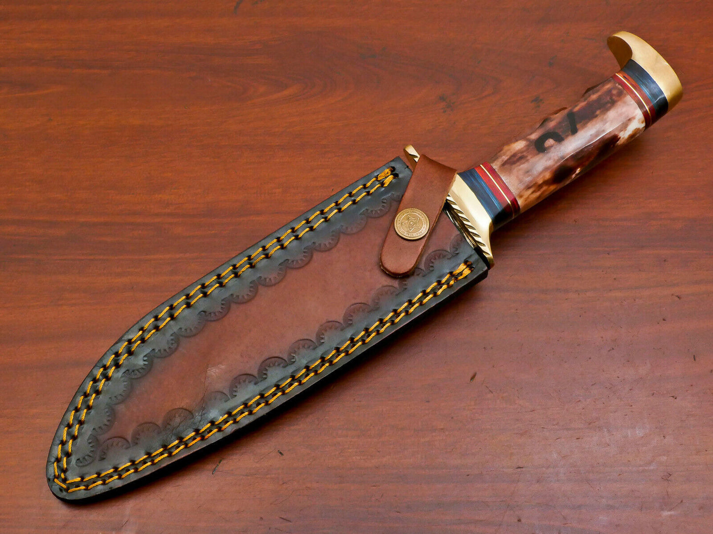 Heritage Forge 12 Inch D2 Steel Bowie Hunting Knife with Camel Bone and Pakka Wood Handle