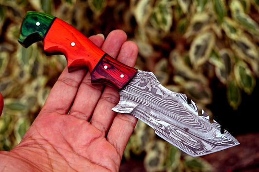 Custom Handmade Forged Damascus Steel Tracker Knife – 8" Hunting, Camping & Survival EDC with Wood Handle + Leather Sheath