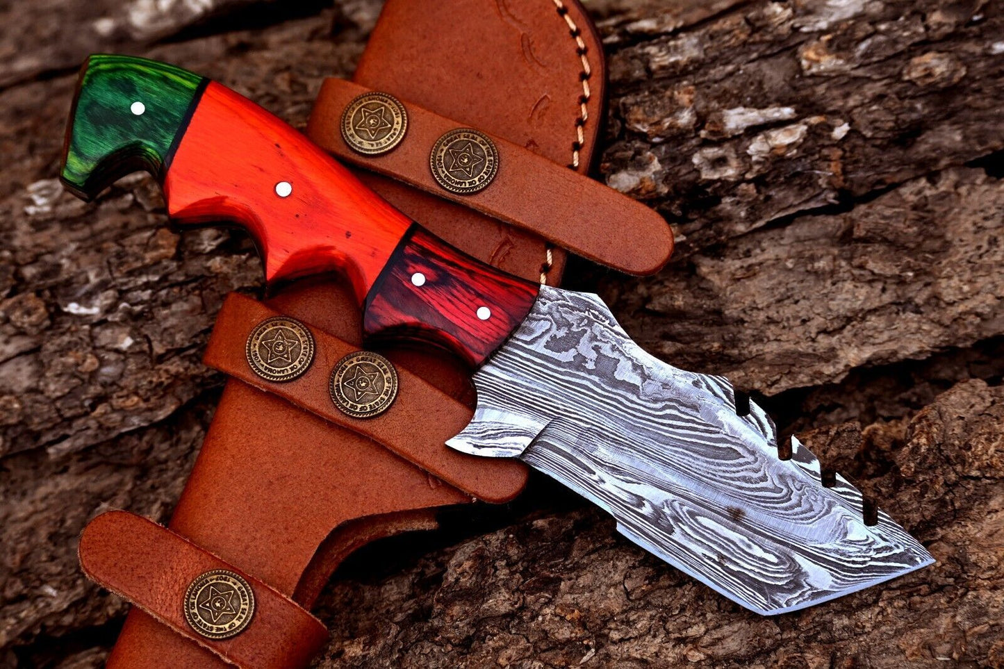 Custom Handmade Forged Damascus Steel Tracker Knife – 8" Hunting, Camping & Survival EDC with Wood Handle + Leather Sheath