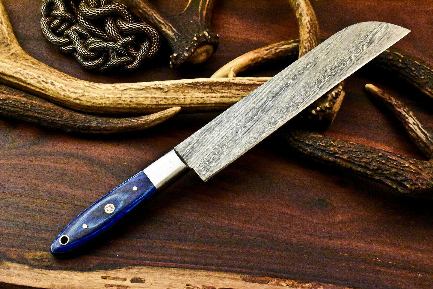 Custom Handmade Damascus Chef & Hunting Knife – Full Tang with Hardwood Handle