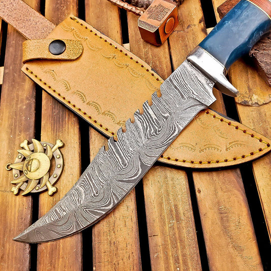 12 Inch Resin Handle Damascus Bowie Knife with Steel Bolster and Leather Sheath