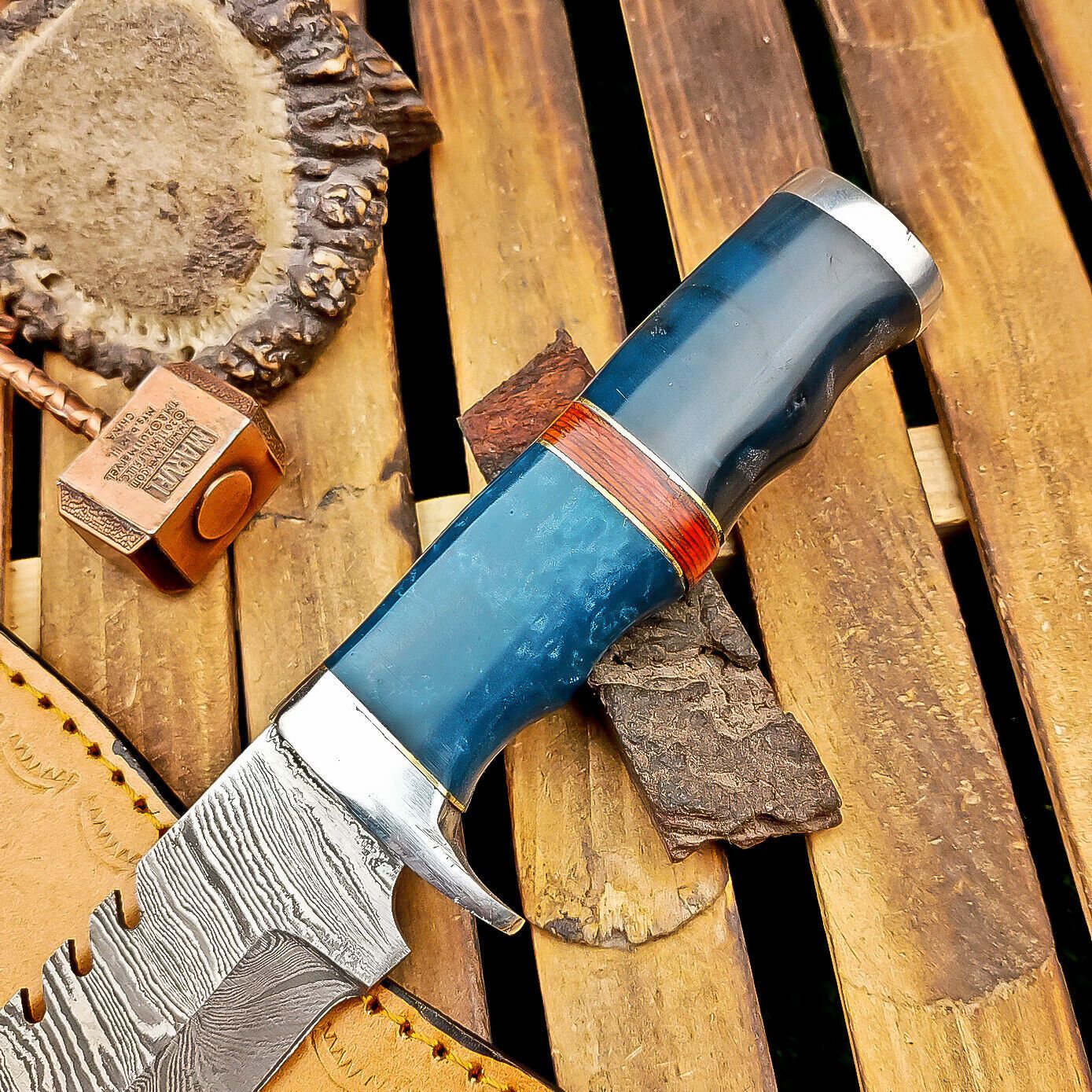 12 Inch Resin Handle Damascus Bowie Knife with Steel Bolster and Leather Sheath