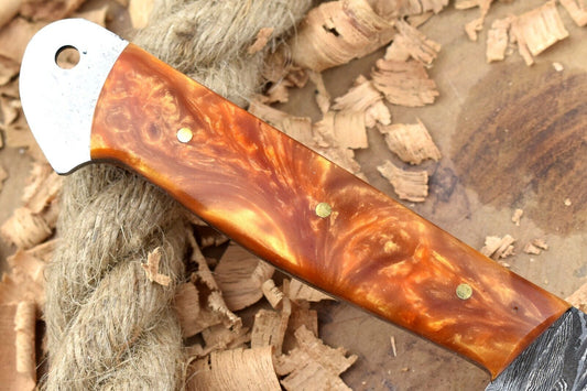 Custom Handmade Forged Damascus Steel Kitchen Chef Knife – Orange Resin Thappa Handle