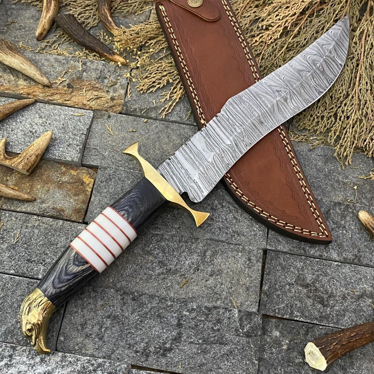 16" Custom Handmade Damascus Steel Big Bowie Hunting Knife – Brass & Wood Handle with Sheath