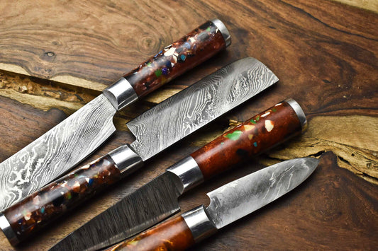 Lot of 4 Handmade Damascus Steel Blade Chef Knife Set – Professional Forged Kitchen Knives