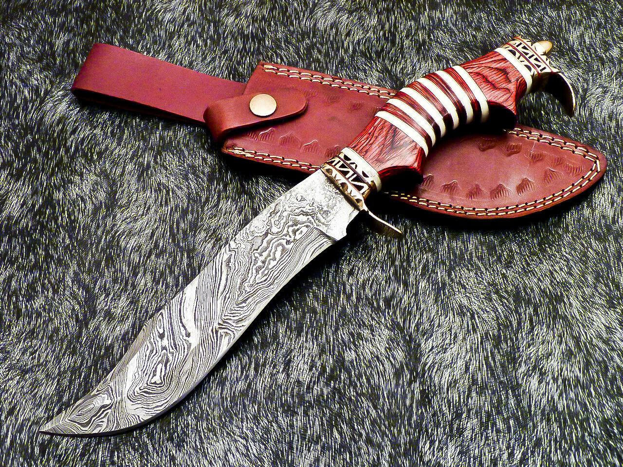 13" Handmade Damascus Bowie Hunting Knife with Hard Wood Handle
