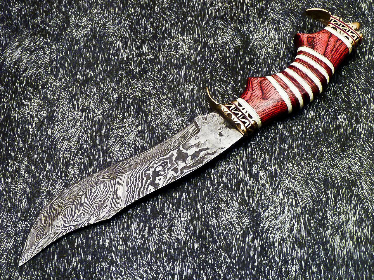 13" Handmade Damascus Bowie Hunting Knife with Hard Wood Handle