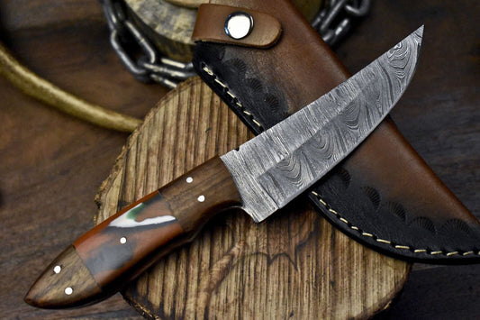 Twist Damascus Skinner Knife with Corian Handle and Micarta Bolster for Hunting