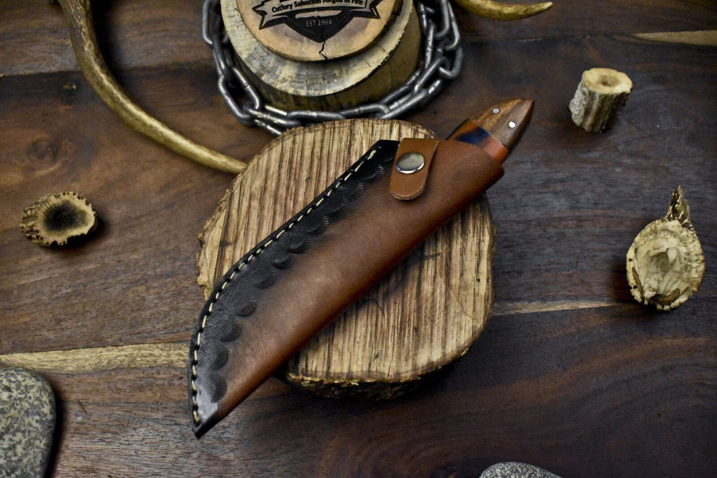 Twist Damascus Skinner Knife with Corian Handle and Micarta Bolster for Hunting