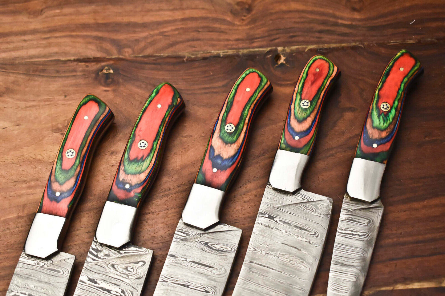 Custom Lot of 5 Handmade Hammered Damascus Steel Blade Chef Knife Set – 384 Layer Forged