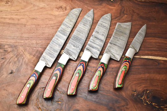 Custom Lot of 5 Handmade Hammered Damascus Steel Blade Chef Knife Set – 384 Layer Forged