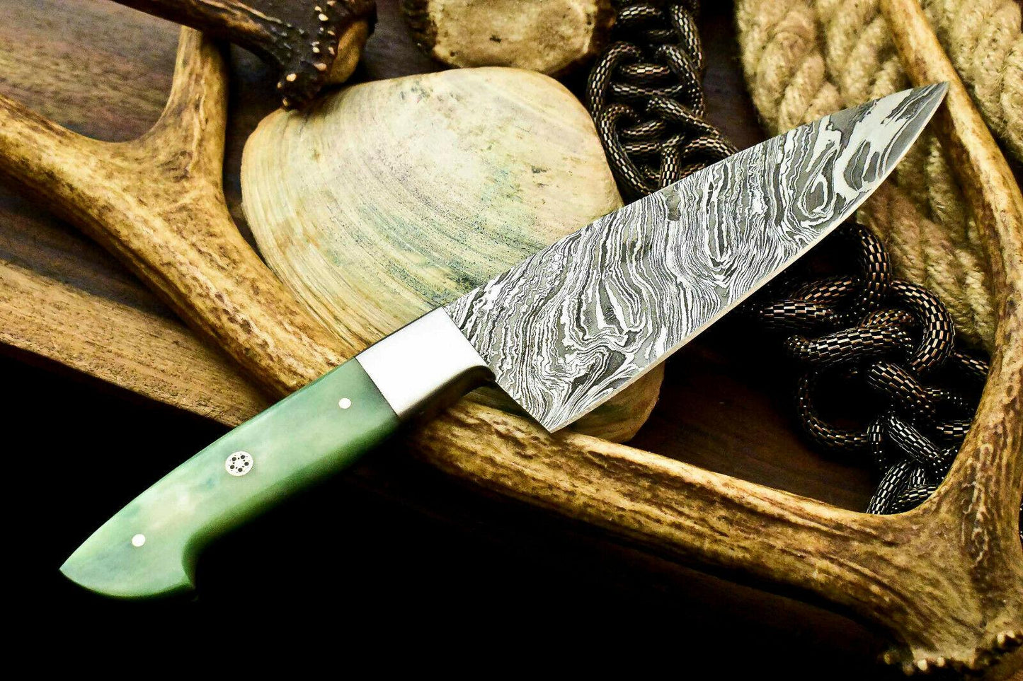 Custom Hand Made Damascus Steel Chef Knife with Stained Camel Bone Handle, Full Tang, 6-Inch Blade, 10.5-Inch Overall, Oil-Tempered 58-60 HRC, Handcrafted