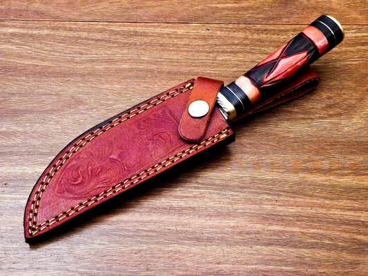 10" Handmade Damascus Steel Bowie Hunting Knife | Engraved Camel Bone & Hardwood Handle