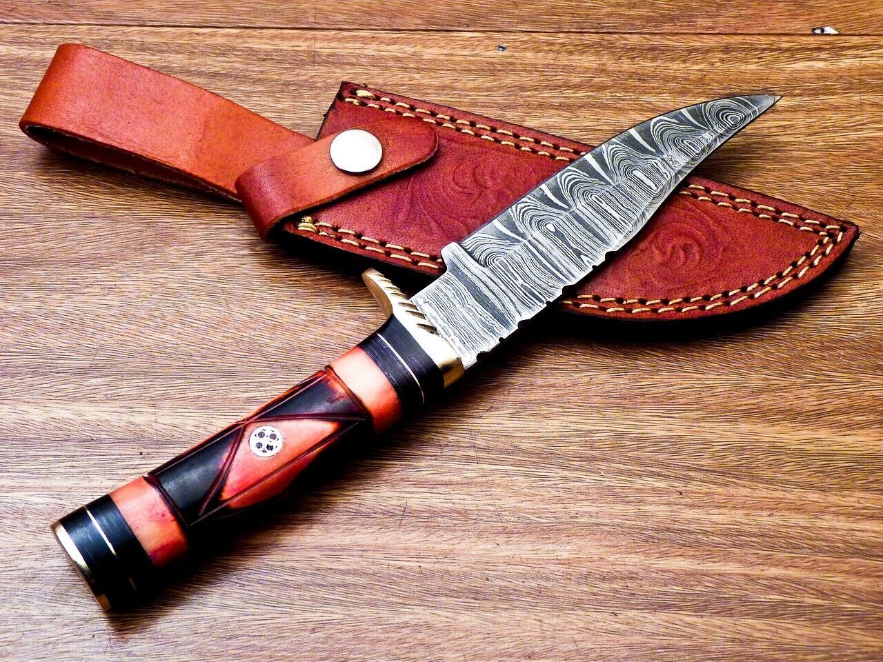 10" Handmade Damascus Steel Bowie Hunting Knife | Engraved Camel Bone & Hardwood Handle