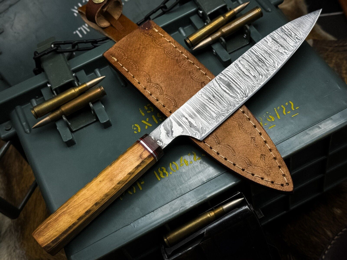 Handmade Damascus Steel Kitchen Chef Knife – Wood Handle with Cow Leather Sheath
