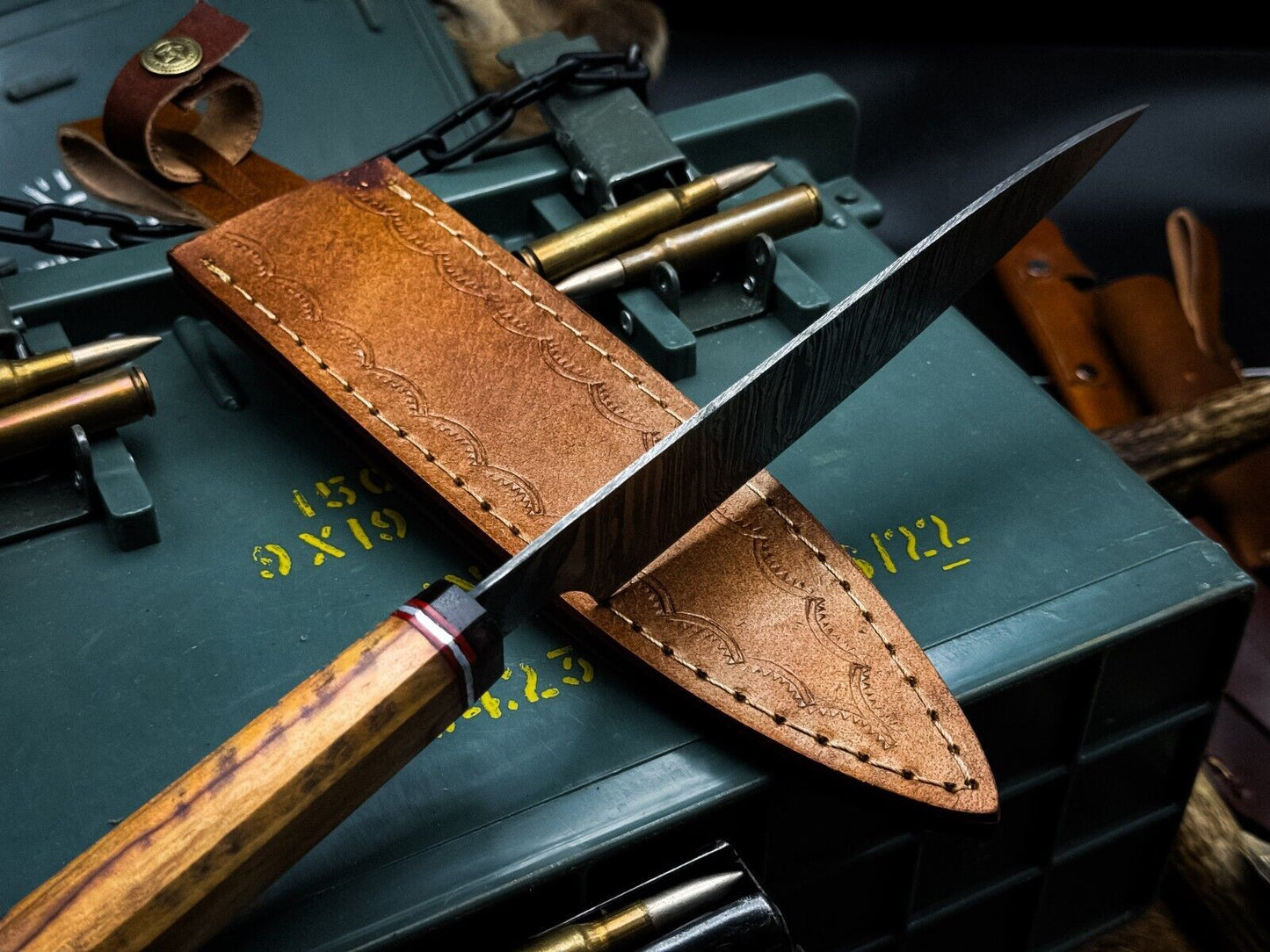 Handmade Damascus Steel Kitchen Chef Knife – Wood Handle with Cow Leather Sheath