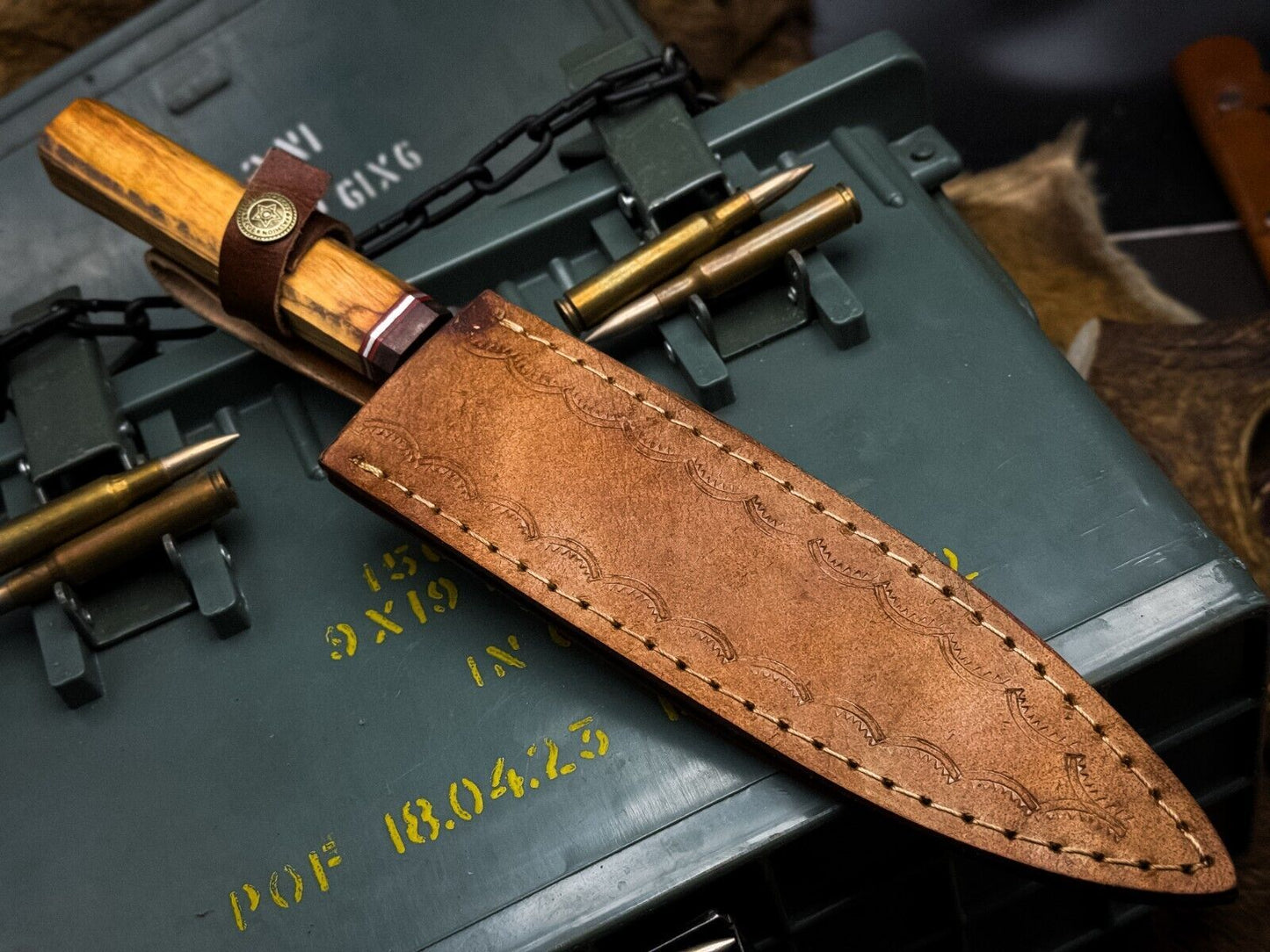 Handmade Damascus Steel Kitchen Chef Knife – Wood Handle with Cow Leather Sheath