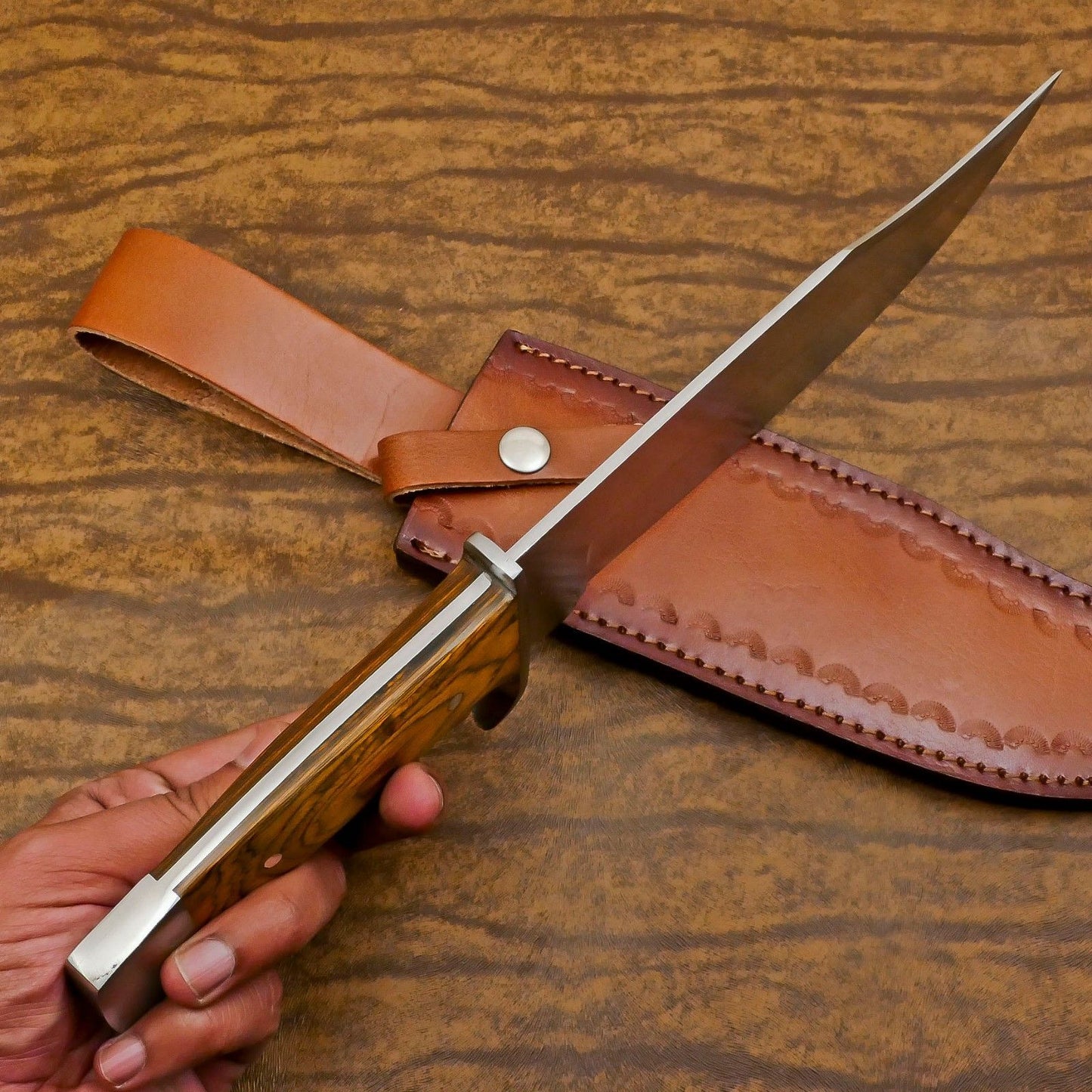 Handmade 13-Inch D2 Steel Full Tang Bowie Hunting Knife with Premium Pakka Wood Handle