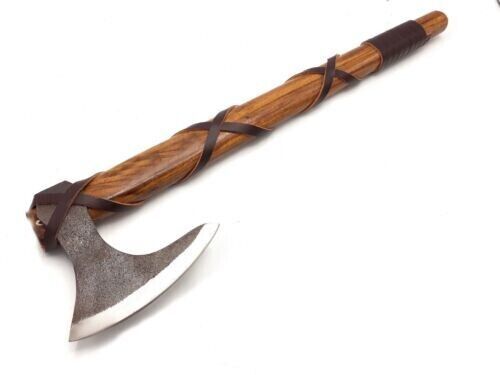 Handmade High Carbon Steel Bearded Viking Axe with Ash Wood Handle and Leather Sheath