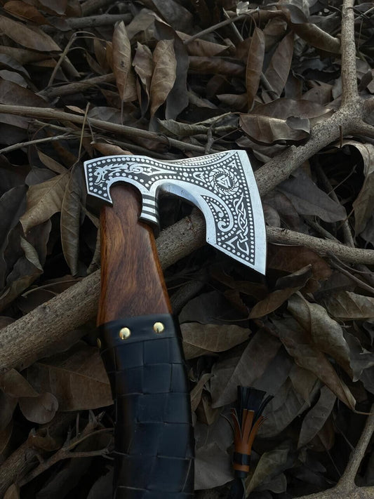 Hand Forged Carbon Steel Viking Axe with Ash Wood Shaft and Leather Sheath