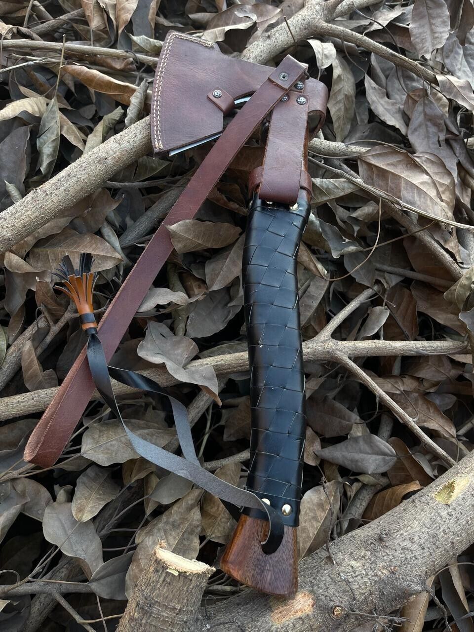 Hand Forged Carbon Steel Viking Axe with Ash Wood Shaft and Leather Sheath
