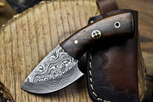 Miniature Twist Damascus Skinner Knife with Walnut Wood Handle for Decoration or Field Use