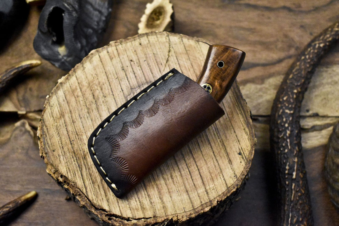 Miniature Twist Damascus Skinner Knife with Walnut Wood Handle for Decoration or Field Use