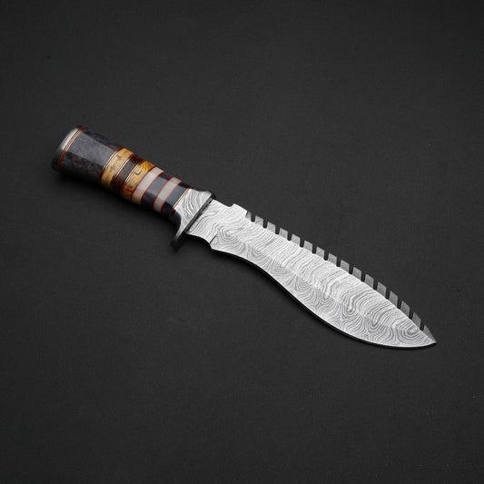 Heritage Forge Handmade Damascus Steel Bowie Knife Full Tang with Walnut Wood Handle and Leather Sheath