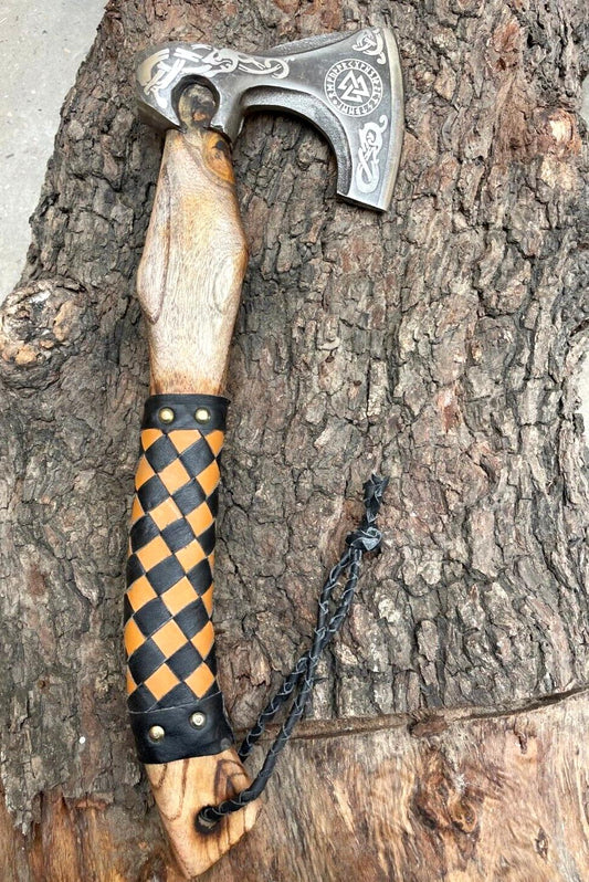Custom Forged Replica Viking Axe with Etched Carbon Steel Head and Wooden Handle for Bushcraft and Camping