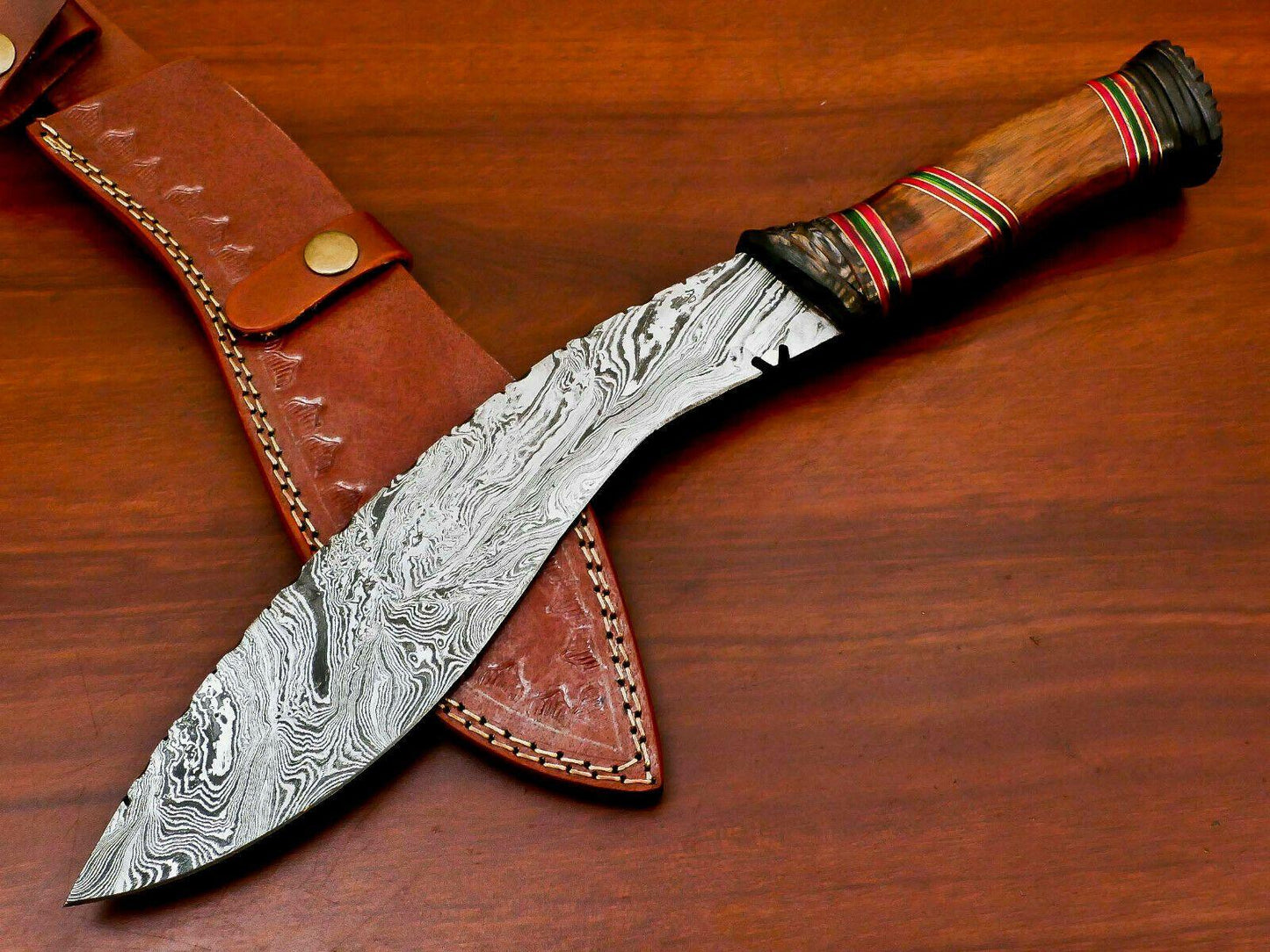 Handmade Damascus Steel Khukri Bowie Knife | Rosewood & Hardwood Handle