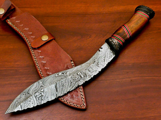 Handmade Damascus Steel Khukri Bowie Knife | Rosewood & Hardwood Handle