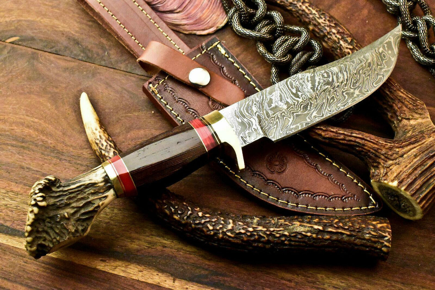 11.5" Handmade Damascus Hunting Bowie Knife | Crown Antler Handle