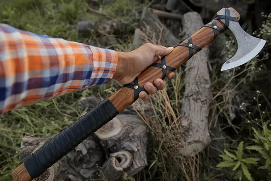 Custom Handmade Carbon Steel Viking Axe with Rosewood Handle and Leather Sheath – 20 Inch Bearded Axe