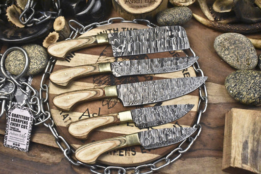 Hot Item Damascus Chef Knife Set – Twist Pattern with Olive Wood Handles (Lot of 5 EDC Knives)