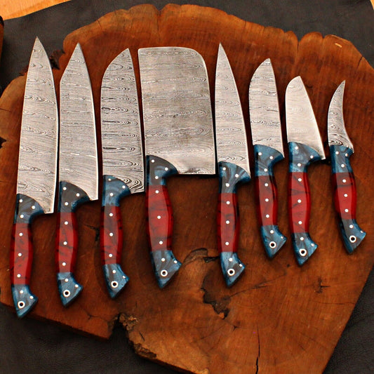 8-Piece Custom Handmade Damascus Forged Steel Chef Knife Set
