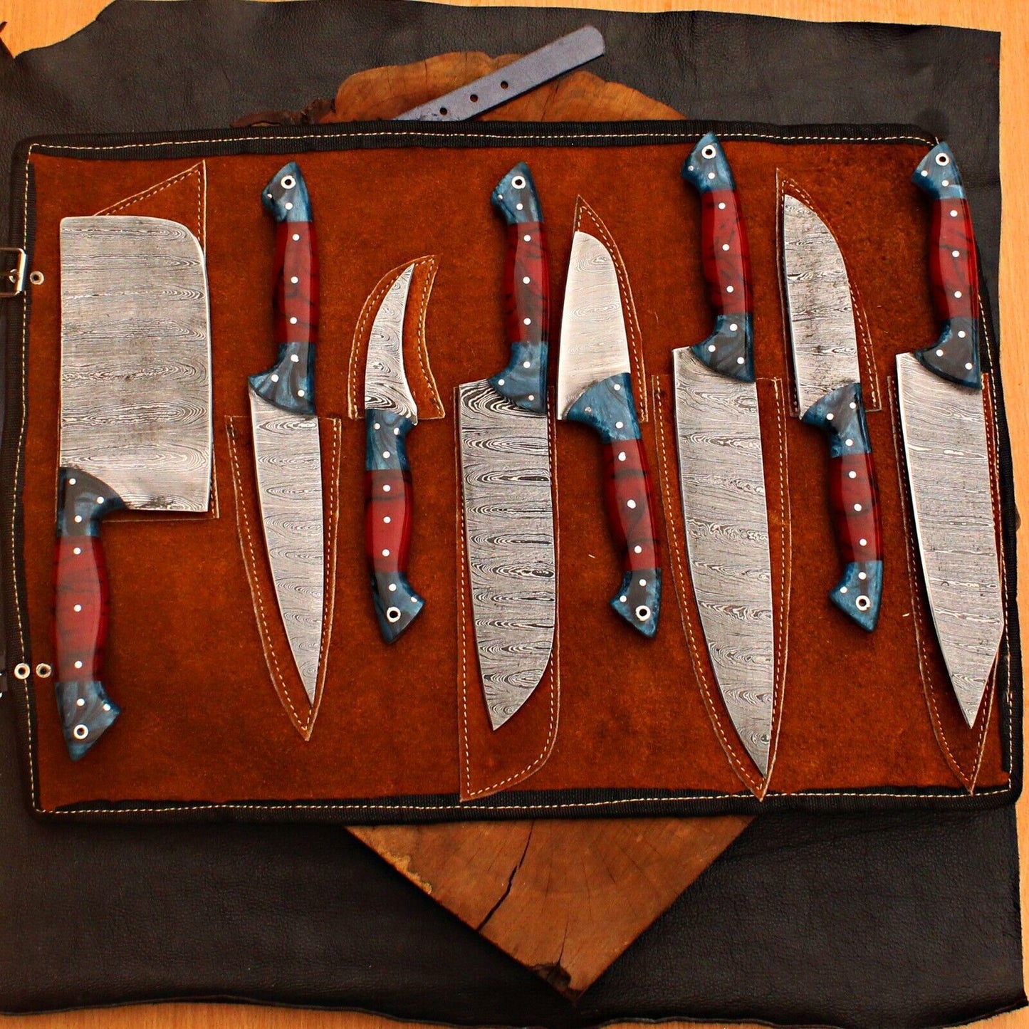 8-Piece Custom Handmade Damascus Forged Steel Chef Knife Set