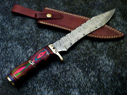 Authentic Hand Forged Damascus Bowie Hunting Knife – Multi-Color Hard Wood Handle, 14" Overall